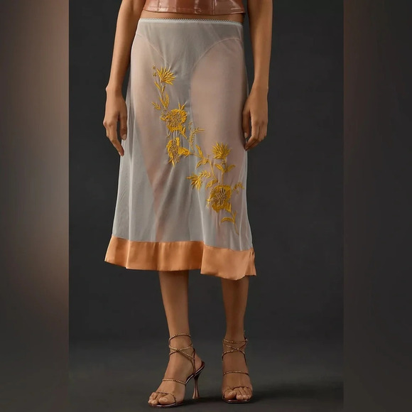 Anthropologie Embroidered Floral Boho Sheer Midi Skirt Size XXS NWT - Picture 1 of 8